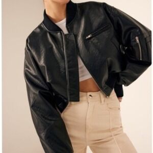 Commense Faux Leather‎ Cropped Bomber Jacket Zip Pockets Black XS